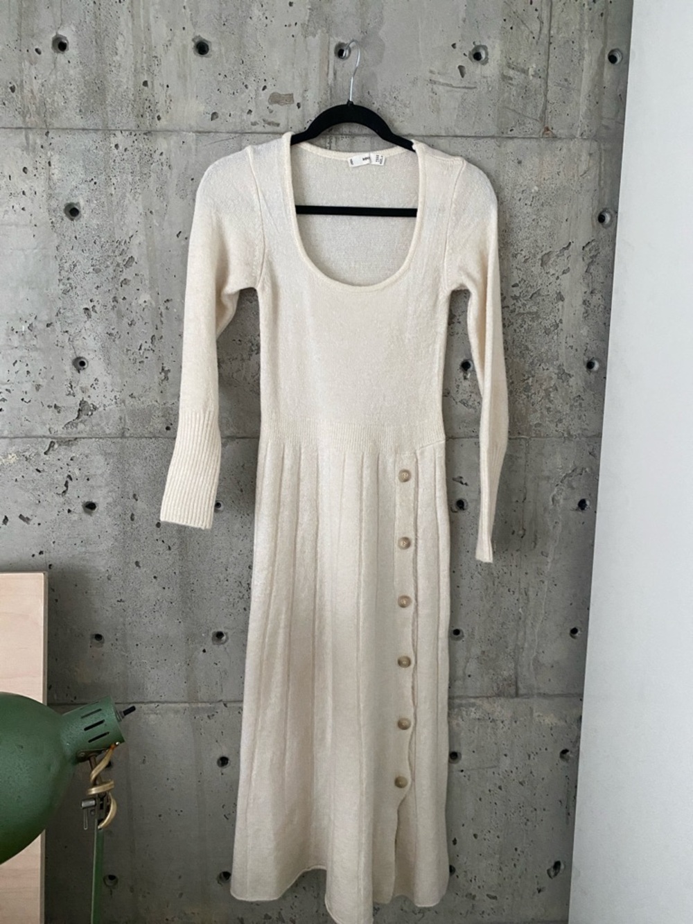 Mango Cream Long Sleeve Ribbed Knit Maxi Dress with Side Buttons